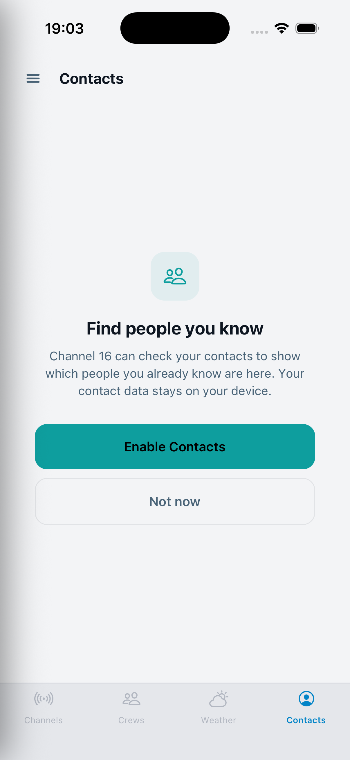 Channel 16 Contacts tab explaining how to find people from the phonebook