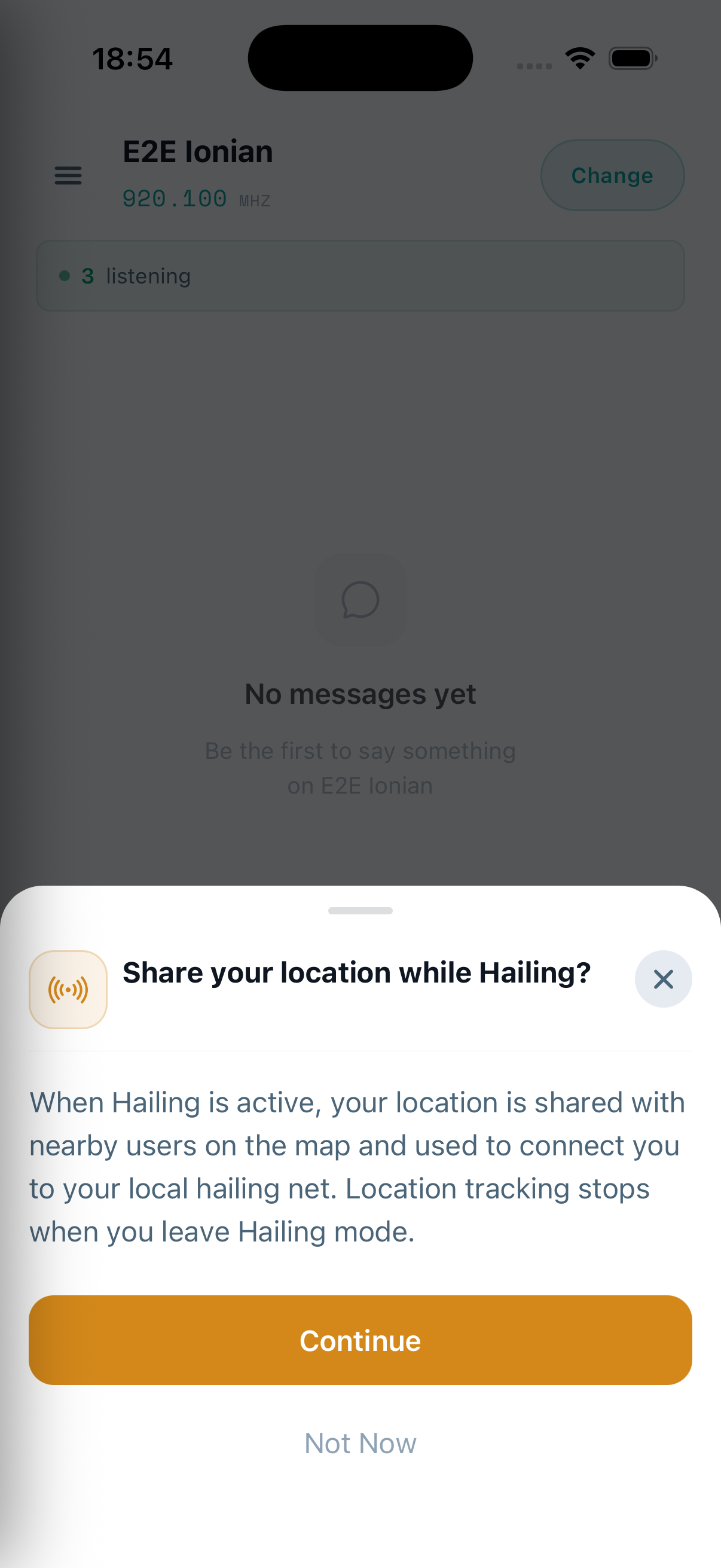 Channel 16 Hailing location-sharing disclosure shown over a fixture Channel