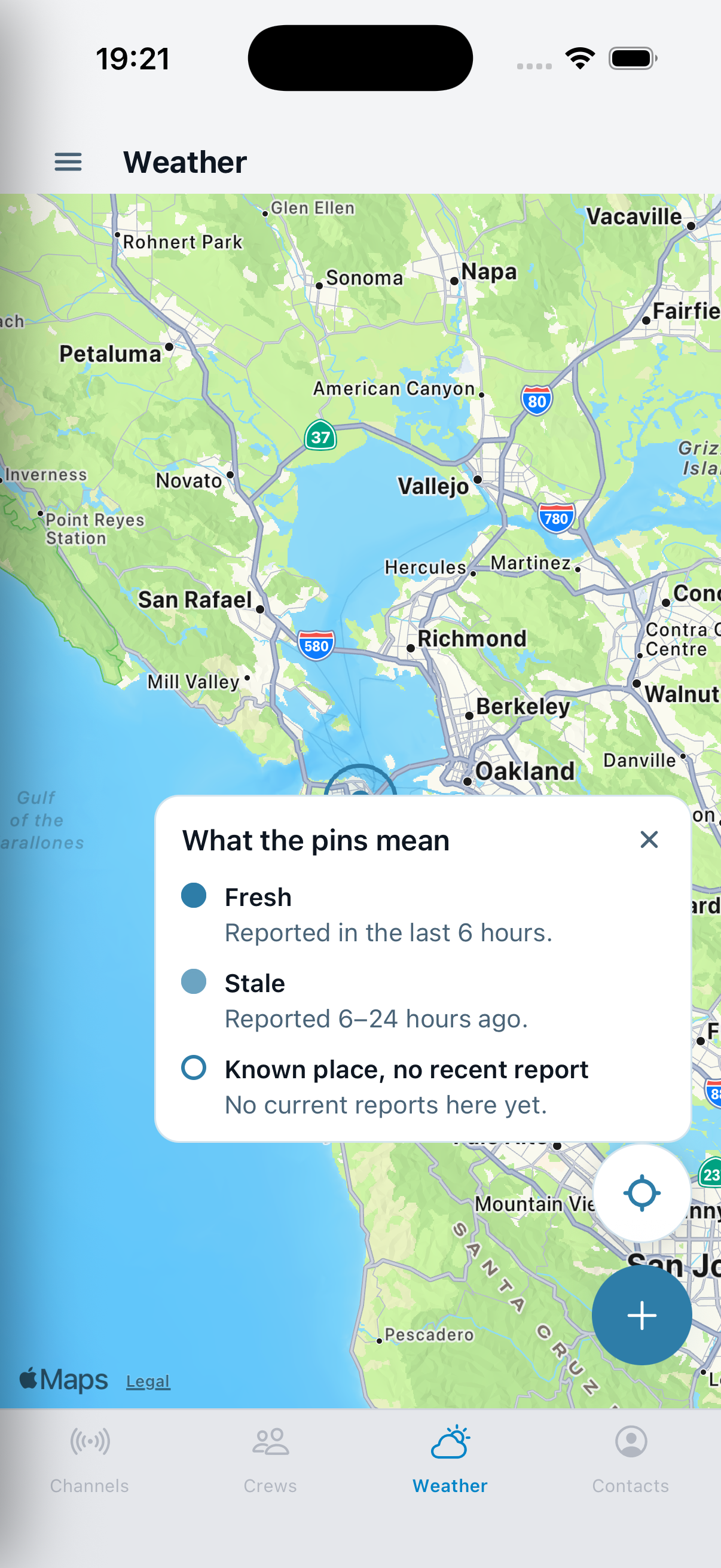 Channel 16 Social Weather map with fixture report markers and a legend